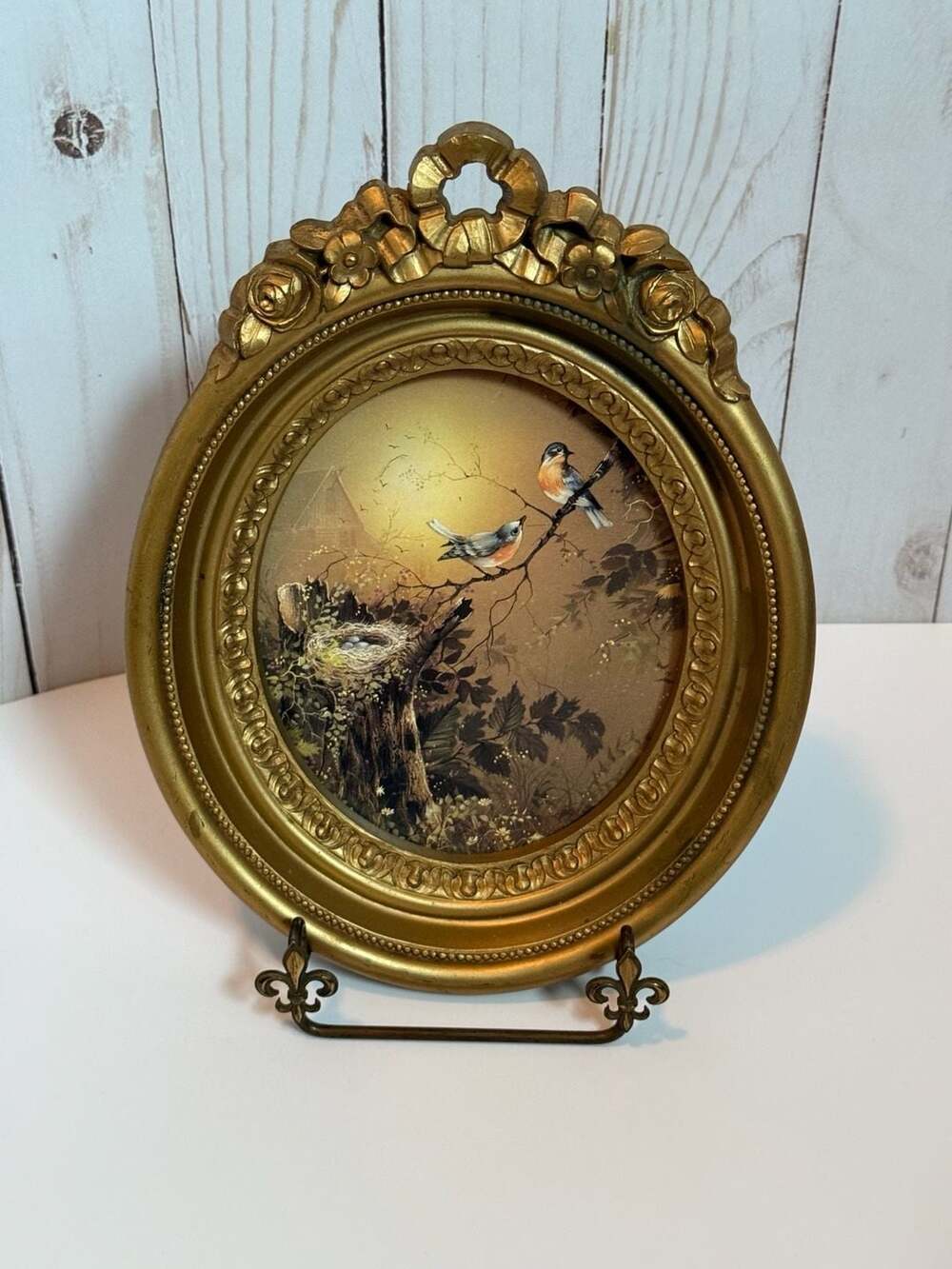 Vintage Homco Gold Oval Print Bluebirds & Nest 3279